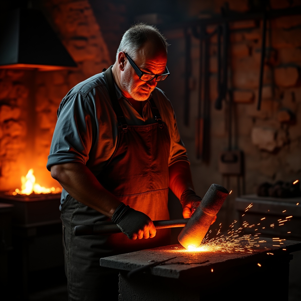 Kowal przy kowadłe kucie tradycyjnych elementów metalowych