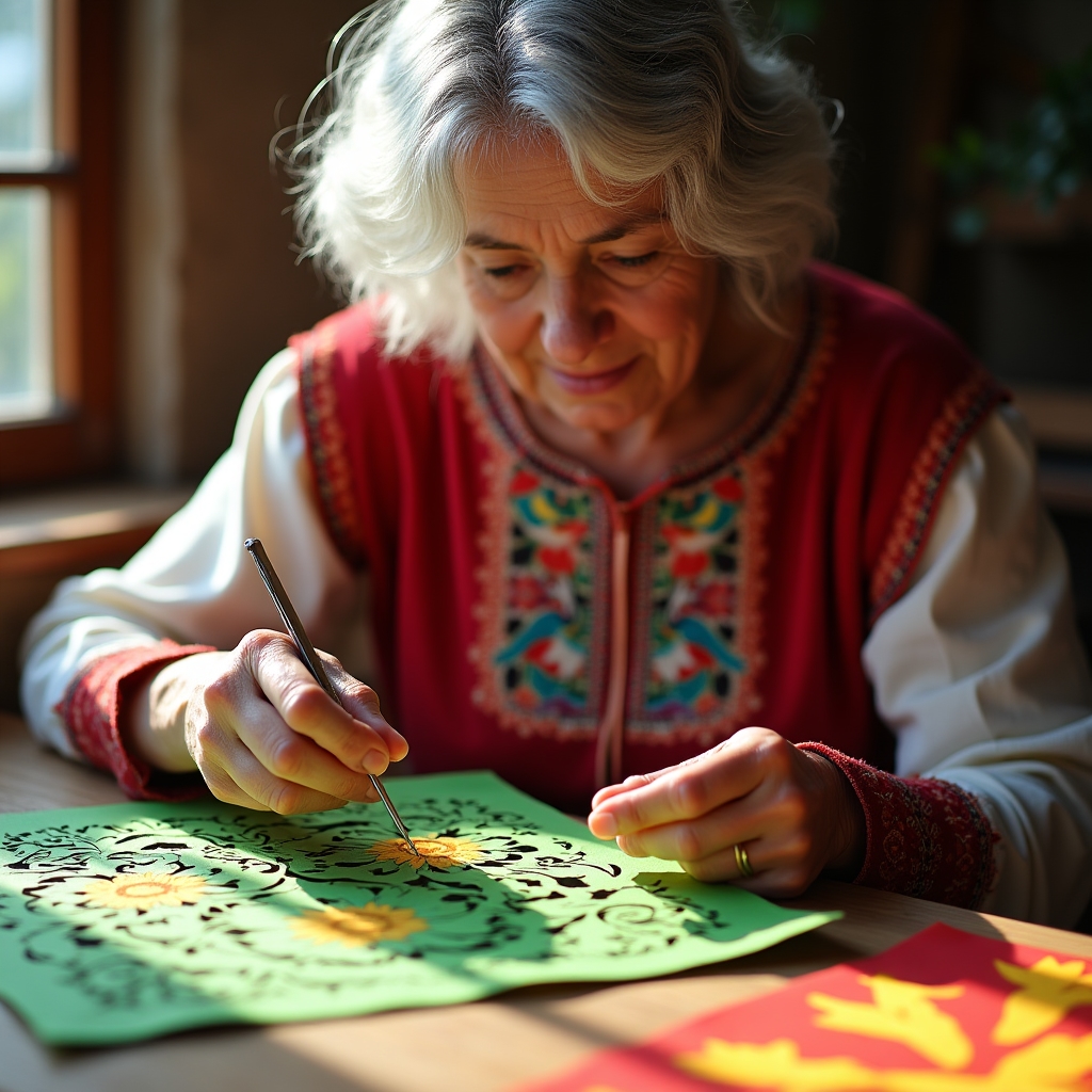 Artystka tworząca tradycyjną wycinankę kurpiowską z kolorowego papieru